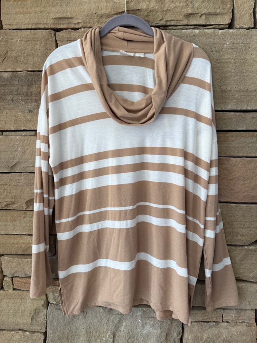 Chico's Striped Cowl Neck Long Sleeve Jersey Tee Top Shirt- Cream & Tan Striped
